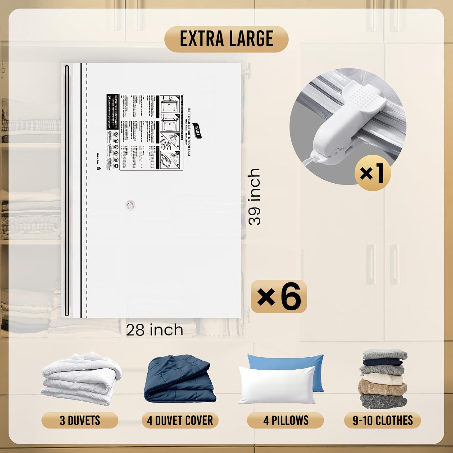 TAILI 6 Pack Vacuum Storage Bags, LONG SIDE ZIP (39x28 inch), Vacuum Seal Bags for Clothing, Jumbo Storage Space Saver for Beddings, Comforters, Blanket, Pillows and Clothes