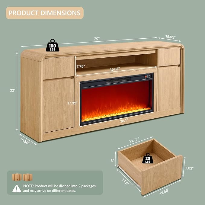 Modern Fireplace TV Stand with 36"LED Electric Fireplace for 80 inch TVs, 32"Tall Entertainment Center w/Drawers &Adjustable Shelves, Wood Media Console w/Curved Profile Design for Living Room,Natural