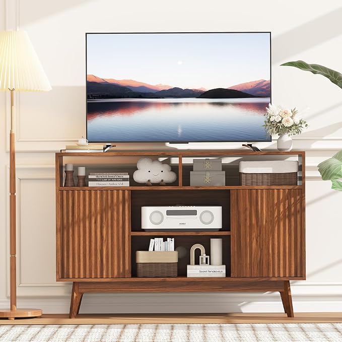 Concho Fluted TV Stand for 60 Inch TV, Modern Entertainment Center with Storage and Shelves, Wood TV Console with Solid Wood Legs, Tall Media Console, TV Cabinet for Living Room and Bedroom, Walnut