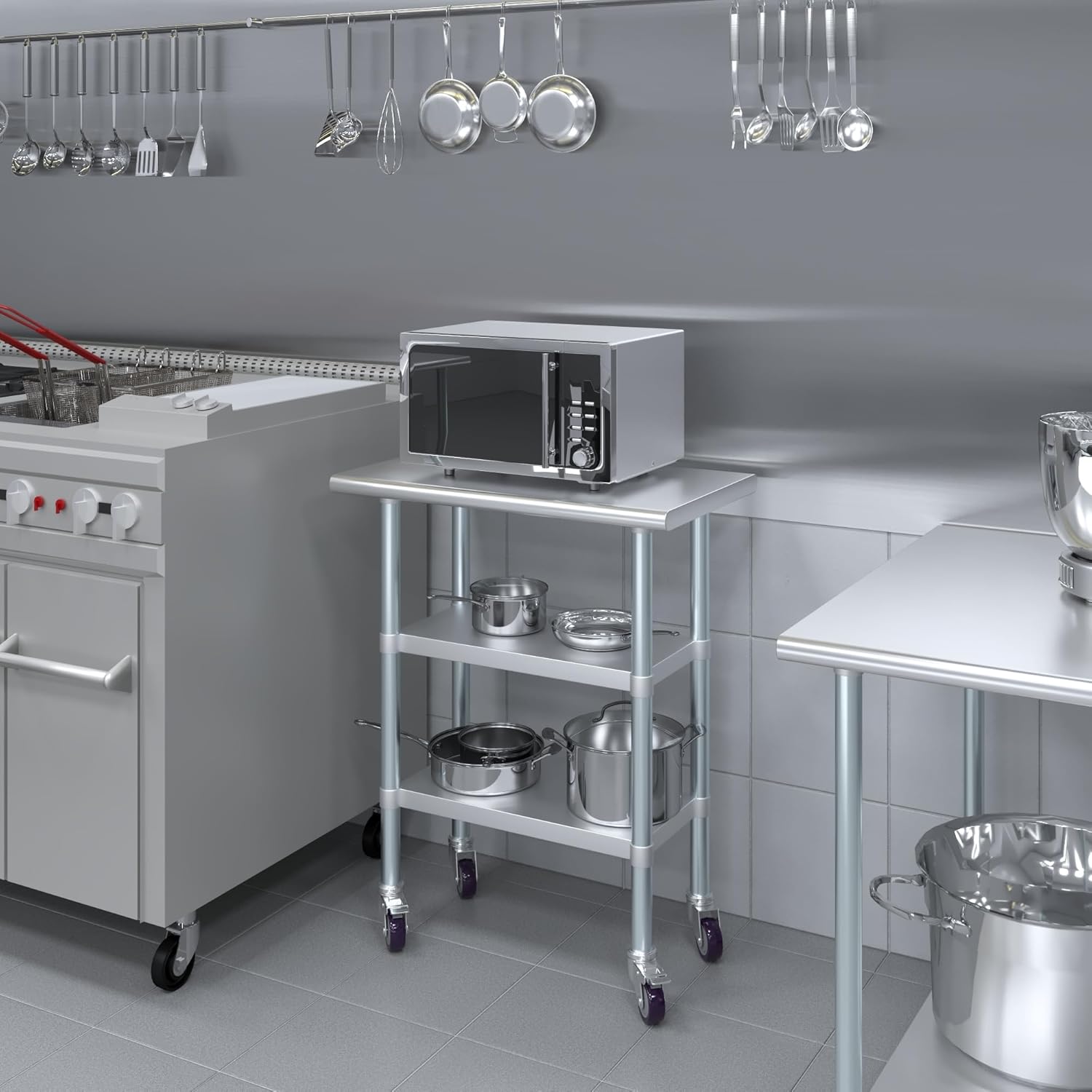 AmGood Stainless Steel Work Table with 2 Shelves and Casters | Metal Utility Table On Wheels (Stainless Steel Work Table with 2 Shelves + Casters, 30" Long x 18" Deep)