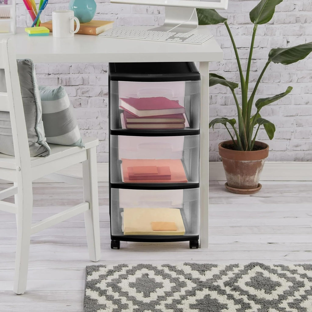 3-Drawer Plastic Cart with Clear Drawers & Removable Wheels - Space-Saving Home/Office/Dorm Organizer for Craft Supplies, Office Essentials & Bedroom Items (Black)