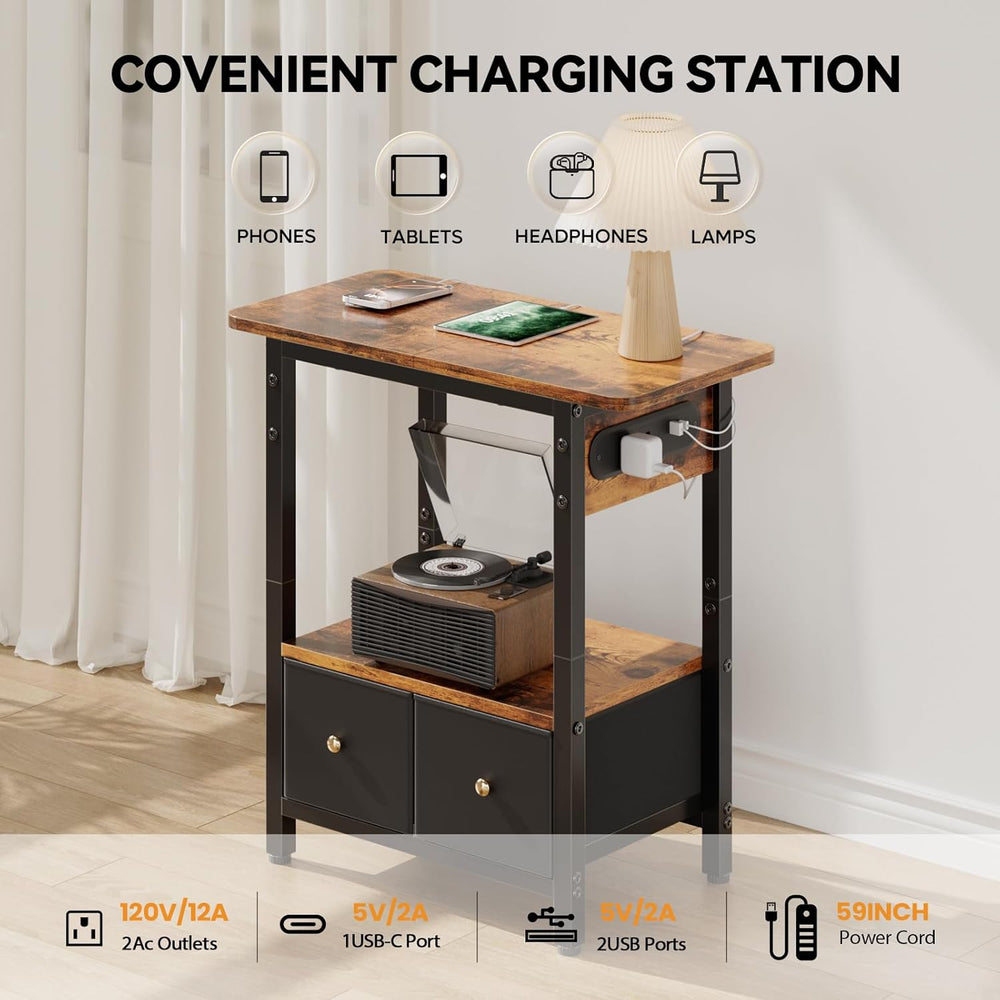HLDIRECT 24" W End Table with Charging Station & USB Ports (Rustic B...