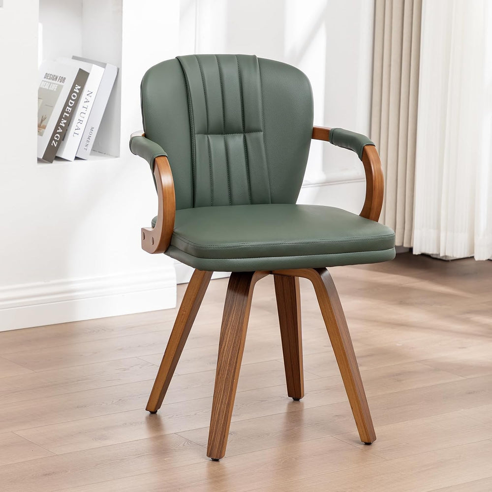 Swivel Dining Chairs Mid Century Modern Green Faux Leather Upholstered Kitche...
