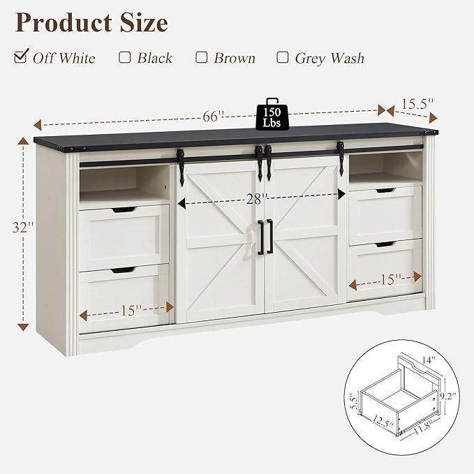 Farmhouse TV Stand for 75+ Inch TV, 32" Tall Entertainment Center w/4 Drawers & Sliding Barn Door, Rustic Media Console w/Storage Shelves, 66" Wood Television Stand for Living Room, Off White