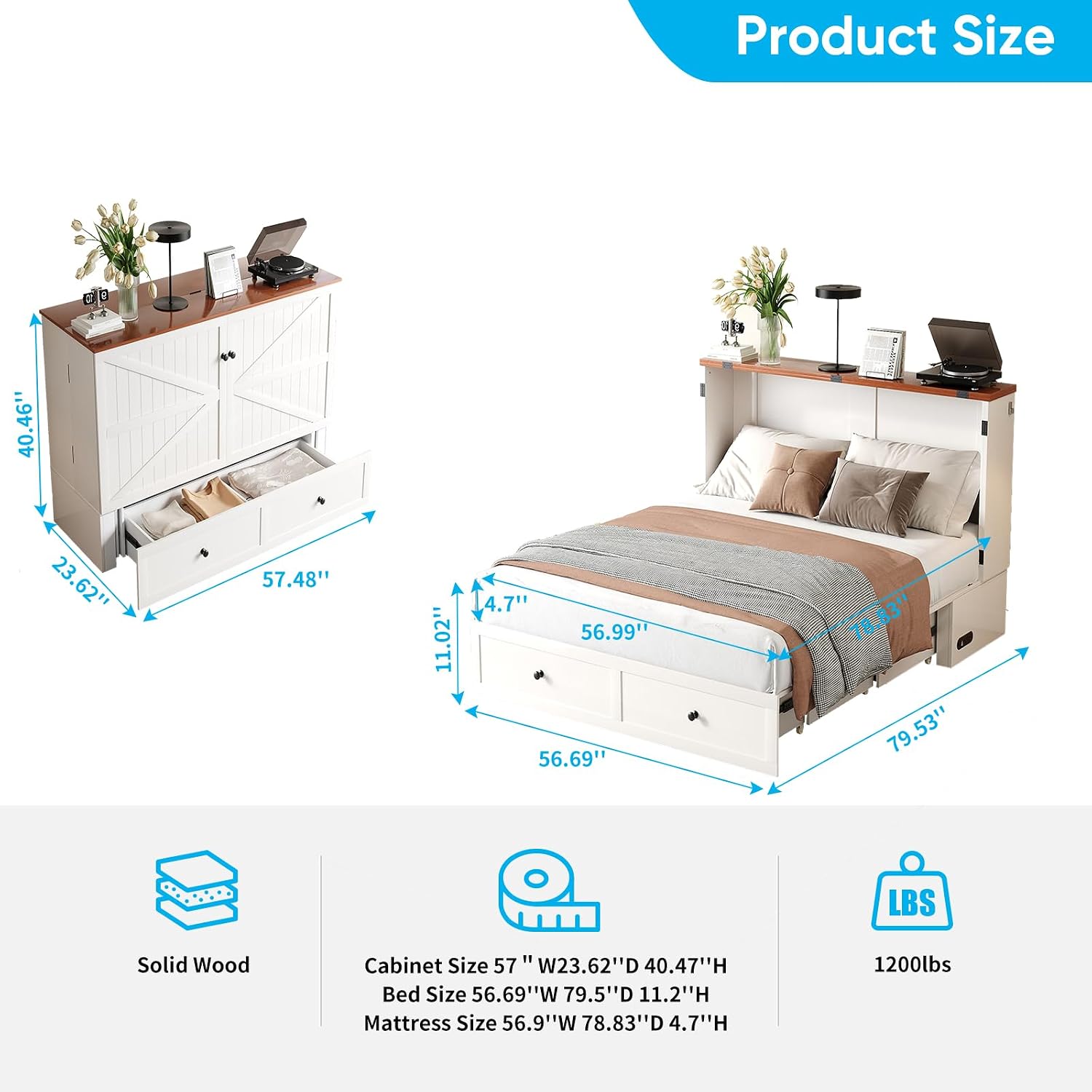 Mjkone 57" W Full Murphy Cabinet Bed, Full Size Murphy Bed with Storage Drawers, Cabinet Beds with USB Charging Station for Small Space, Guest Room, Bedroom, Office, White