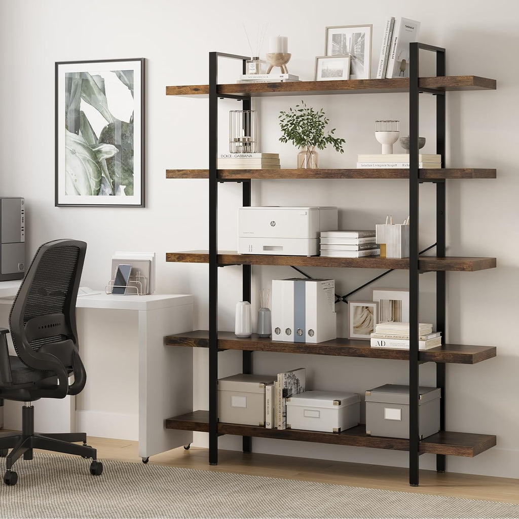 2PCS Heavy Duty 5 Tier Industrial Bookcase for Home Office, Rustic Brown | 47" Wide Wood Bookshelf,120 lbs Shelf Capacity, Rustic Open Shelving Display,3CM Upgraded Thicken Board,Easy to Assemble