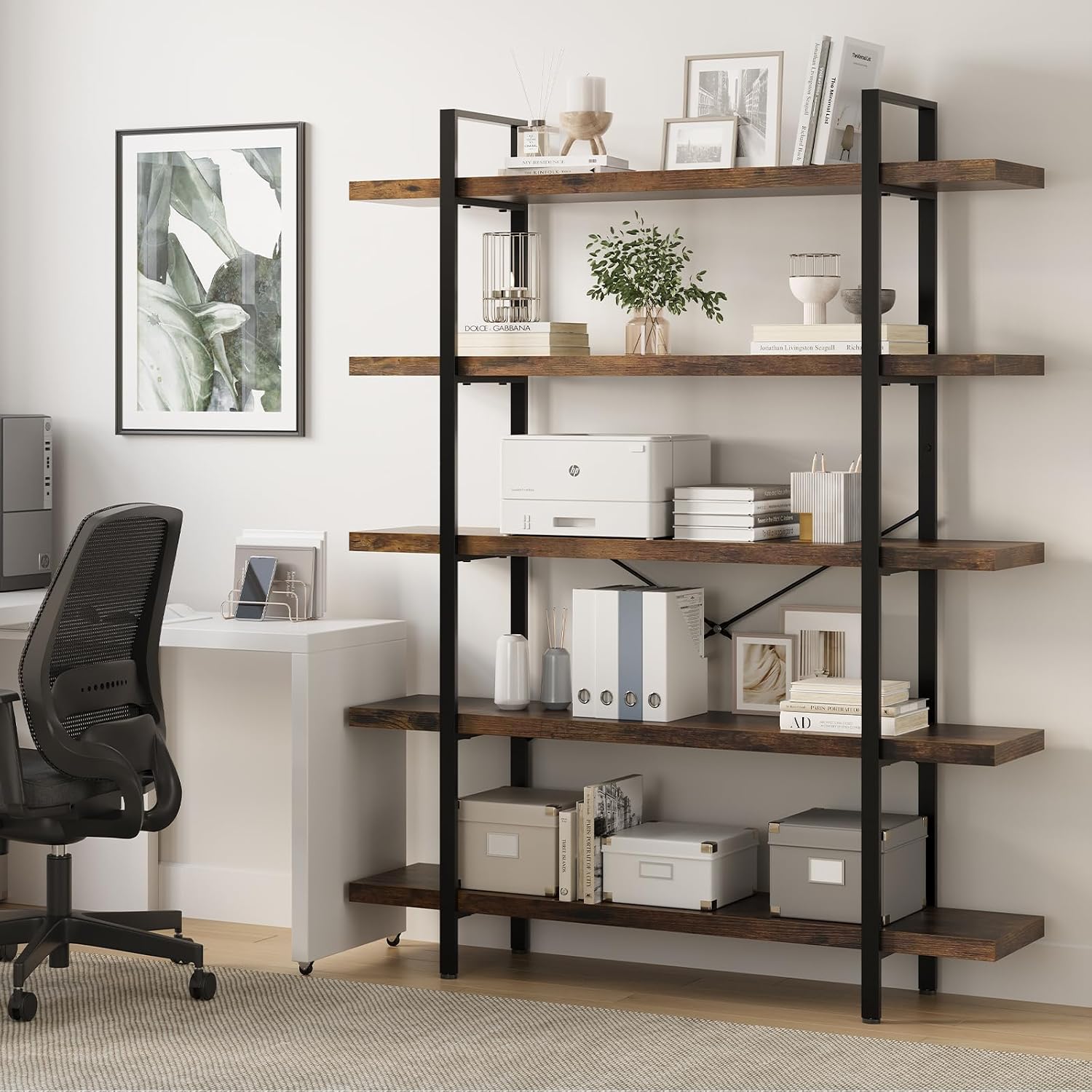 2PCS Heavy Duty 5 Tier Industrial Bookcase for Home Office, Rustic Brown | 47" Wide Wood Bookshelf,120 lbs Shelf Capacity, Rustic Open Shelving Display,3CM Upgraded Thicken Board,Easy to Assemble