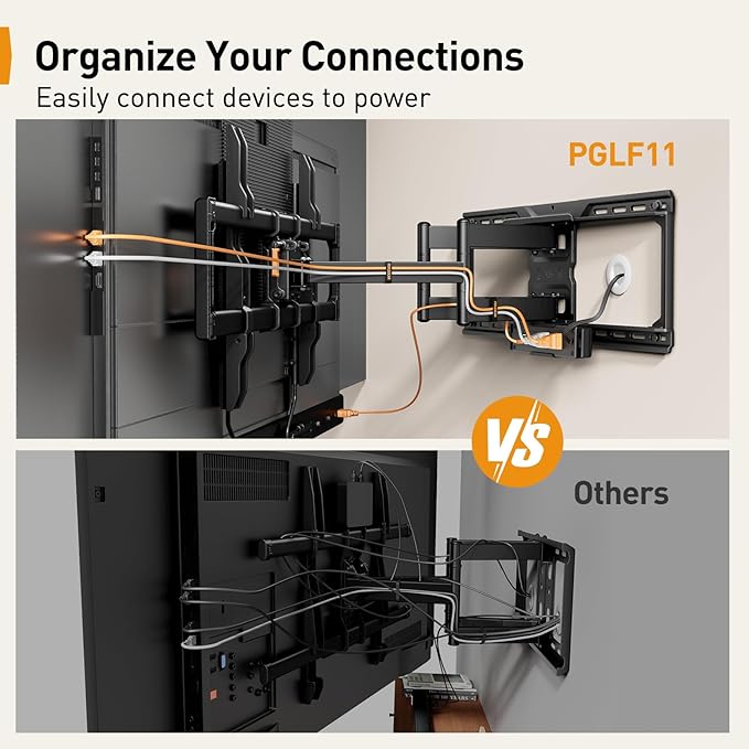 Perlegear Full Motion TV Wall Mount with Power Strip for 42–90 Inch TVs up to 150 lbs, Pre-Assembled TV Mount Has Smooth Swivel, Tilt, Extension, Max VESA 600x400mm, 12“/16”/24” Wood Studs, PGLF11