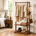 Taitiy Coat Rack Solid Wood Clothes Rack with 2 Shelves & 5 Hooks for Hanging Clothes Garment Wallets Hats, Clothing Rack Heavy Duty Coat Rack Freestanding with Storage Hall Tree for Hallway Bedroom