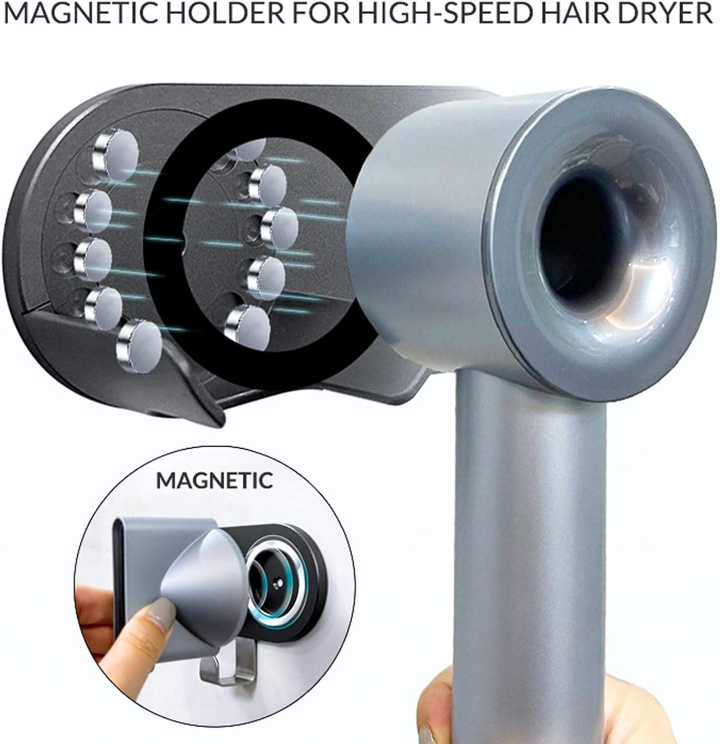 simpletome Hair Dryer Holder Wall Mount for All Magnetic High Speed Blow Dryer with Plug Cord Organizer Hook (ABS Plastic, White)
