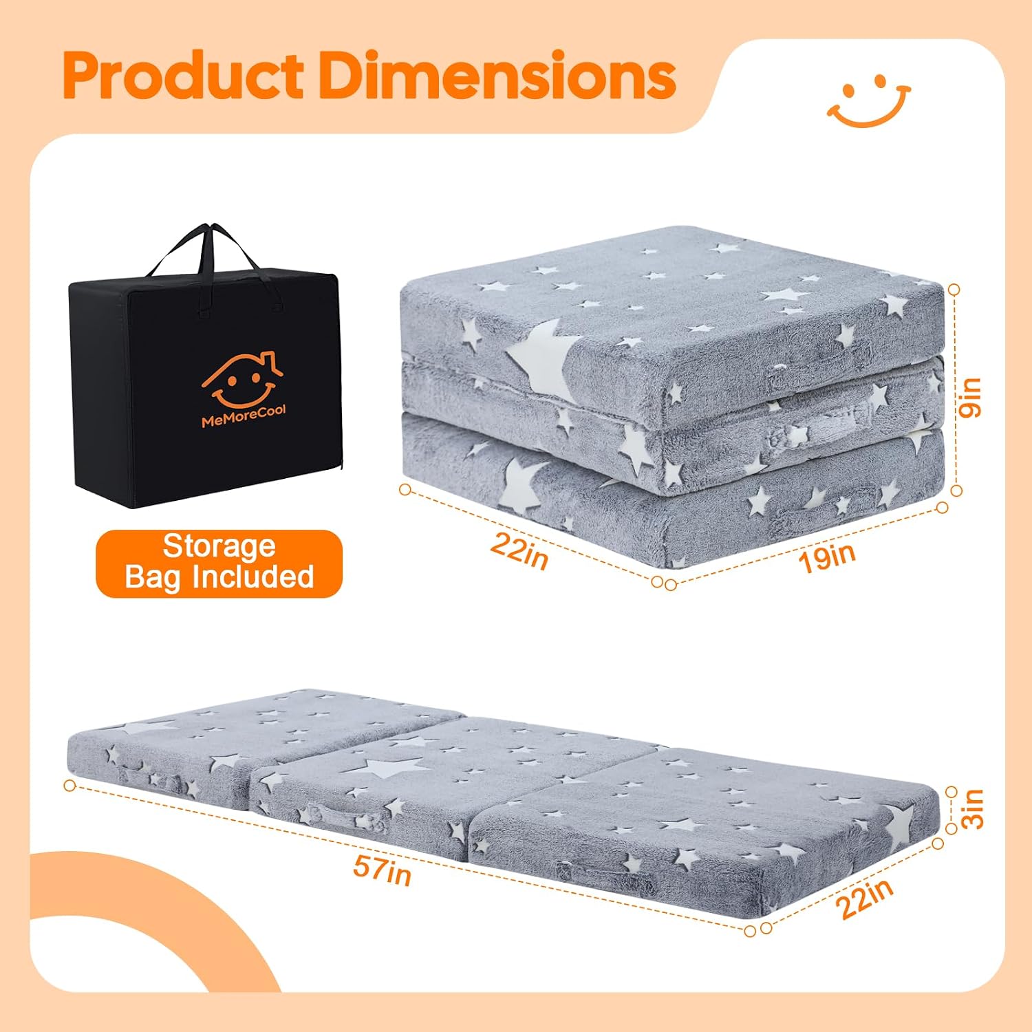 MeMoreCool Foldable Floor Mattress for Kids, Glow Star Trifold Mat, Kids Folding Mattress Portable Futon, 57x22 Inch Grey