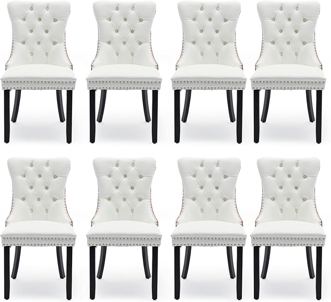 Leather Upholstered Dining Chairs Set of 8, Modern Style Kitchen Side Chairs with Nailhead Trim and Wood Leg, Metal Pulling Ring for Dining Room Living Room(White&Pink)