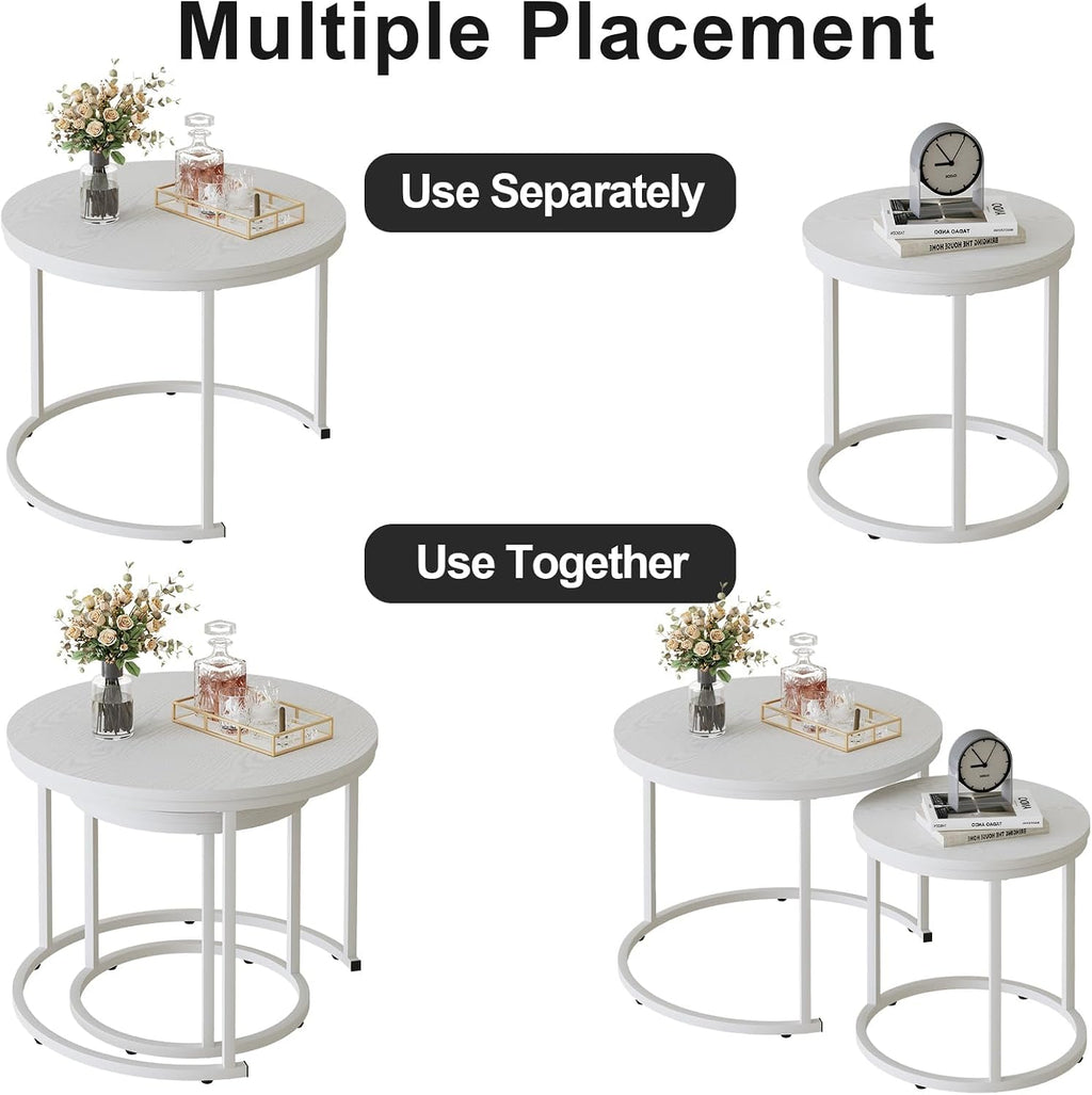 Garden 4 you Nesting Coffee Table, 23.6" Round Coffee Table Set of 2, Wooden Nesting Table Set with Metal Frame, Side Tables for Living Room Bedroom Balcony, White