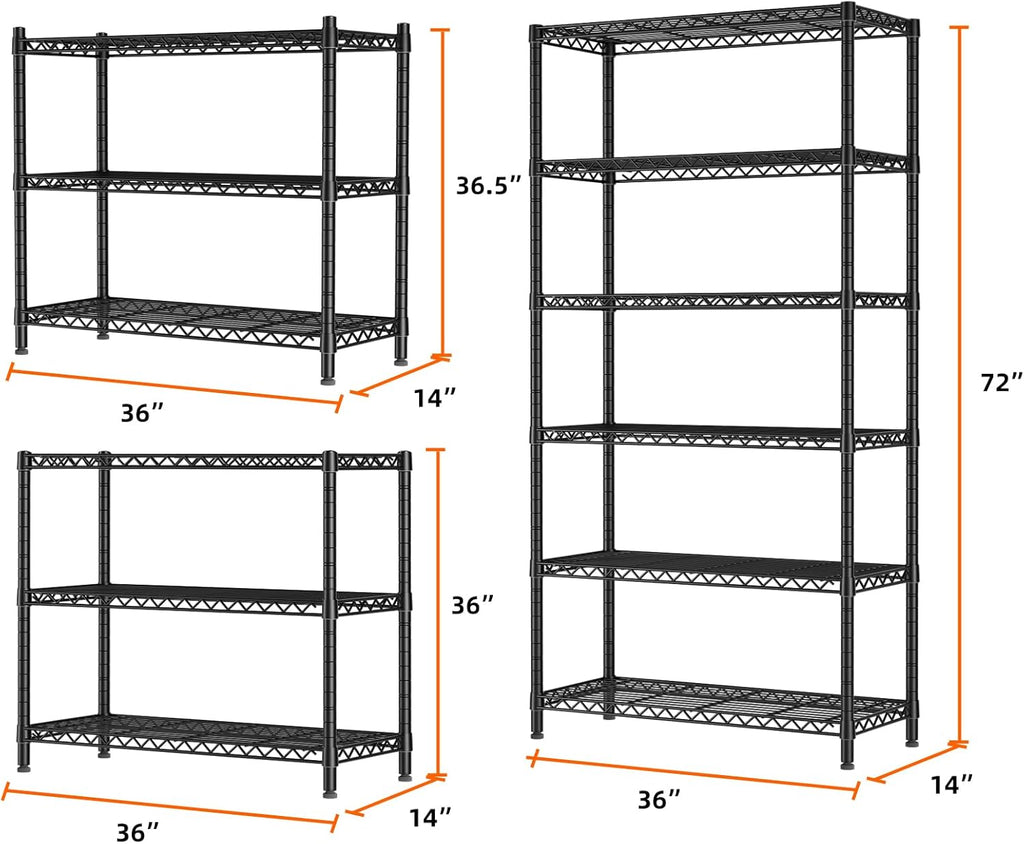SINGAYE 6 Tier Shelf Organizer Storage Metal Shelves Garage Wire Shelving Unit Pantry Rack Shelves Bathroom Organizers and Shelf Closet Metal Kitchen 36" Dx14 Wx72 H Black
