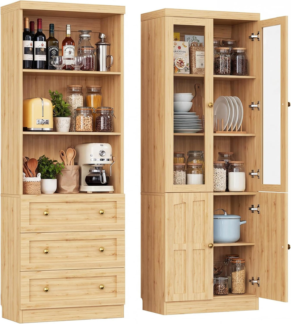 Cyclysio Farmhouse Kitchen Pantry Cabinets - 80" Tall Wood Kitchen Stora...