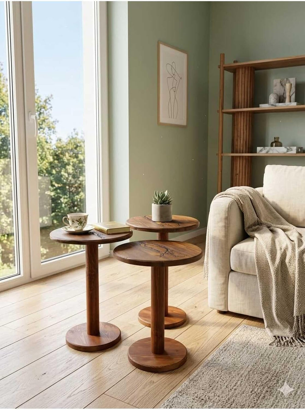 SODEF Handmade Round Walnut Wood Side Table Set, 3-Piece Nesting Tables, Wood...