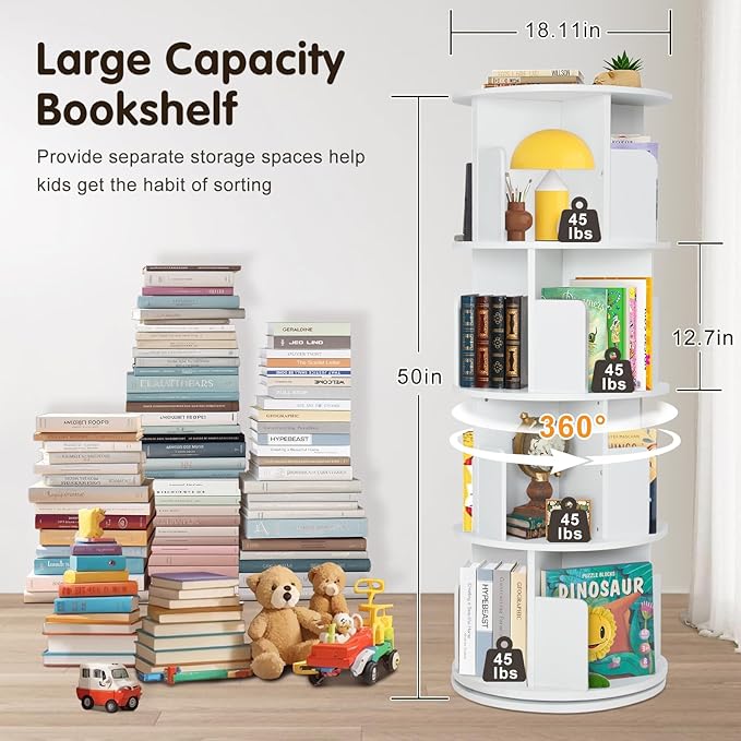 Rotating Bookshelf,Wooden Rotating Corner 4-Tier 360 Display Spinning Floor Standing Bookcase White Stackable Bookshelf Storage Rack Organizer for Small Space Bedroom Living Room Study Room