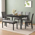Dining Table Set for 5, 6-Piece Kitchen Table & Chairs Set with Rectangular Table, Bench & 4 Upholstered Chairs, 58'' Dinner Set with Rubber Wood Legs & Curved Backrest for Kitchen, Gray