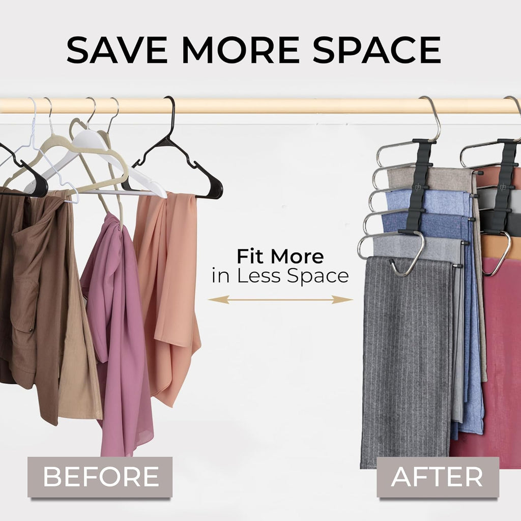 MORALVE Pants Hangers Space Saving - 2 Pack - Non-Slip Multi-Layer Space Saving Hangers - Multifunctional Clothing Rack for Closet Storage - Ideal for Jeans, Trousers, Skirts, Scarves & Slacks (Black)