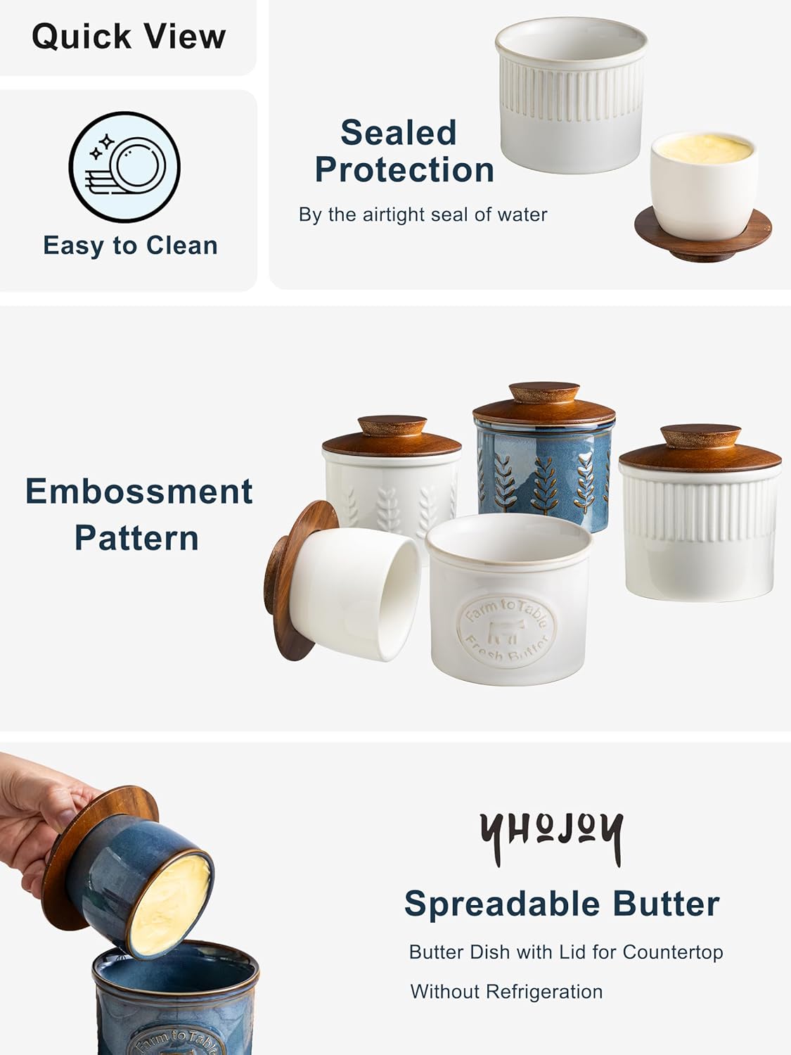 Ceramic Butter Dish With Lid, Butter Crock for Countertop, French Butter Keeper Holder for Spreadable Butter, Classic Stripe, Cream White