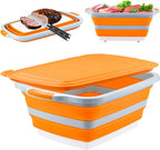 Collapsible BBQ Prep Tub with Cutting Board - 7.95 Gal/30L Food-Grade Container - BPA-Free, Space-Saving w/Lid & Drain Hole - for Grilling, Camping, Offset Smoker (Orange)