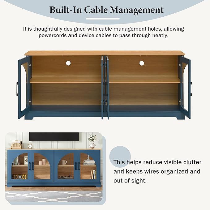Farmhouse TV Stand with Adjustable Shelves for TVs up to 70'', Entertainment Center with Semi-Arched Glass Doors, Wood Grain Sideboard with Cable Management for Living Room, Blue
