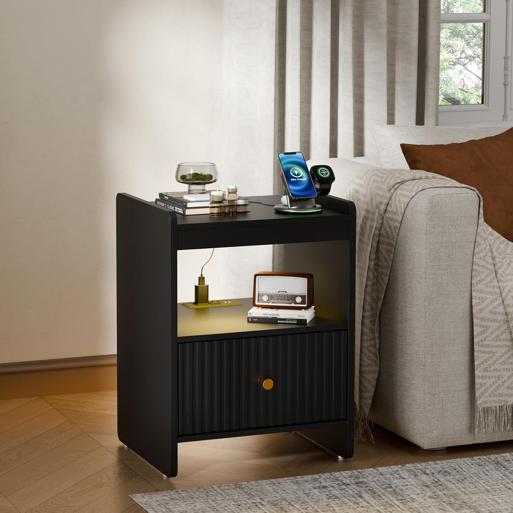 HIFYOBRO 21.6" Fluted Nightstand, End Table with Charging Station and LE...