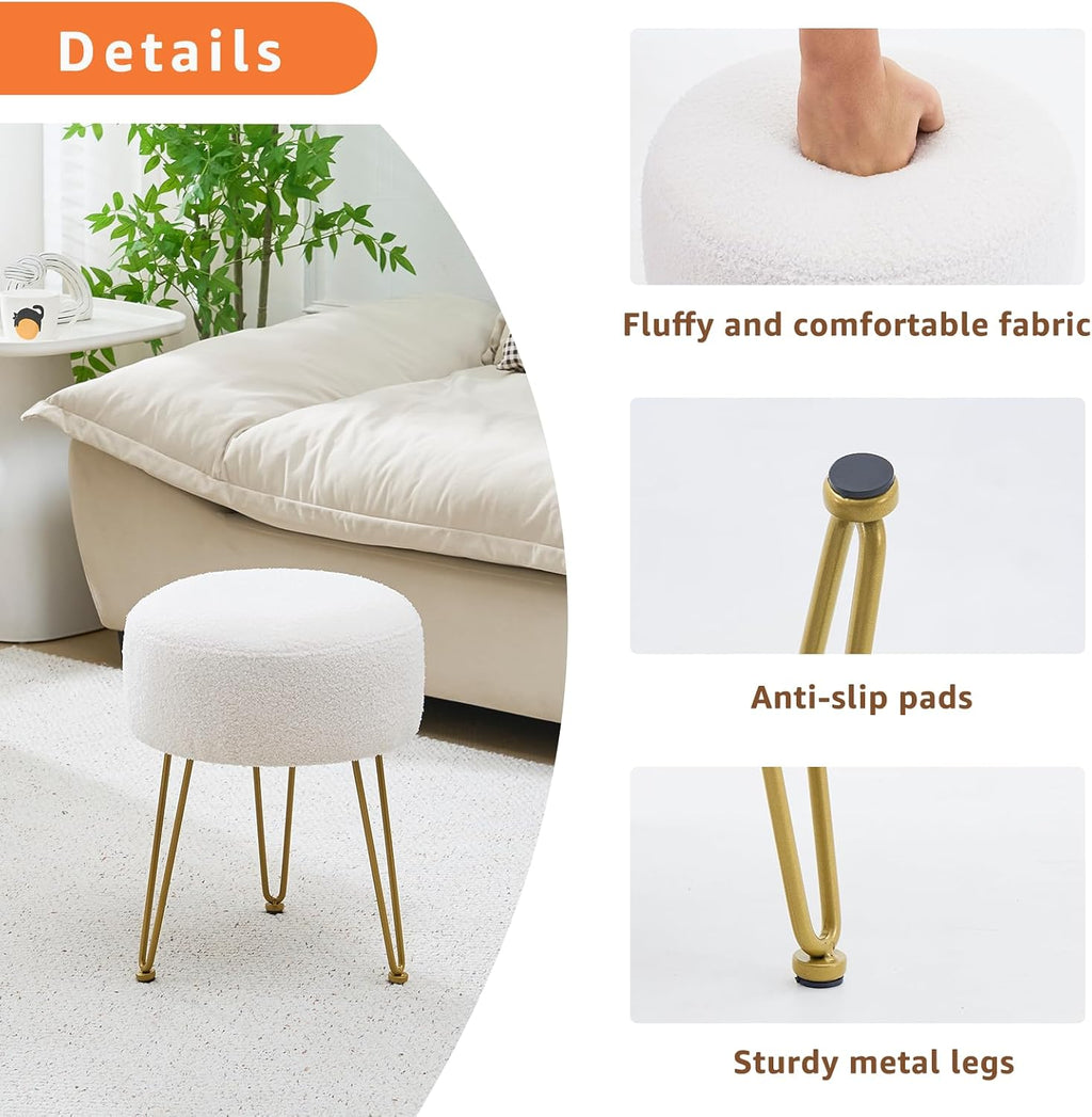 Vanity Stool, Teddy Velvet Ottoman Foot Stool, Dressing Table Seat with Metal Leg Vanity Chair for Bedroom, Living Room, Entryway, Offices