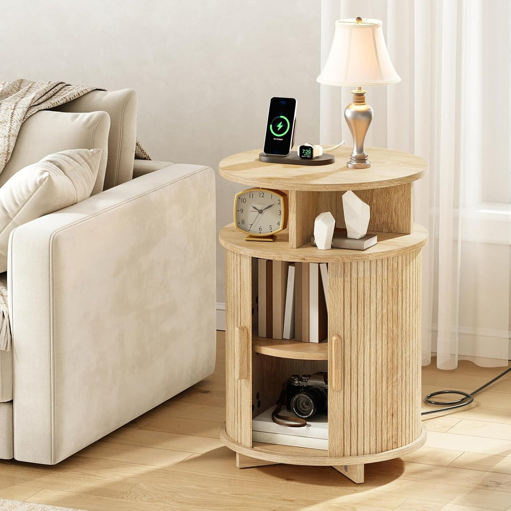 RALGEND Round Fluted End Tables, Round End Table with Charging Station, Flute...