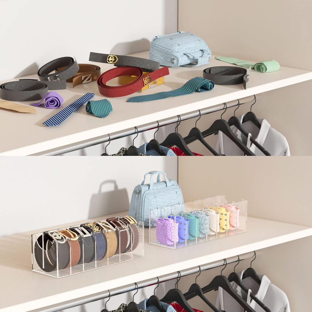 FEMELI Belt Organizer, Acrylic 7 Compartments Container Storage Holder, Clear Display Case for Closet Tie and Bow Tie