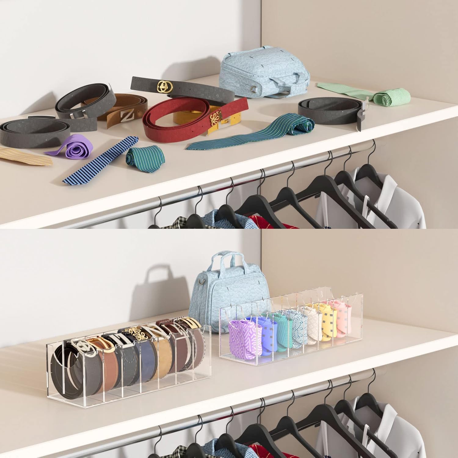 FEMELI Belt Organizer, Acrylic 7 Compartments Container Storage Holder, Clear Display Case for Closet Tie and Bow Tie