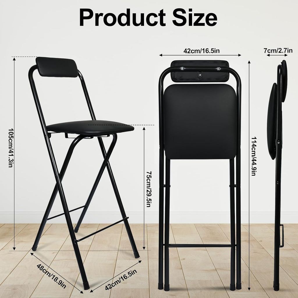 25.4inch +29 inch 2PCS Folding Stool with Backrest, Tall Foldable Bar Stool Chair, Portable Counter Folding Stool Height Bar Stools Leather Padded for Kitchen Shop Cafe Guitar Music