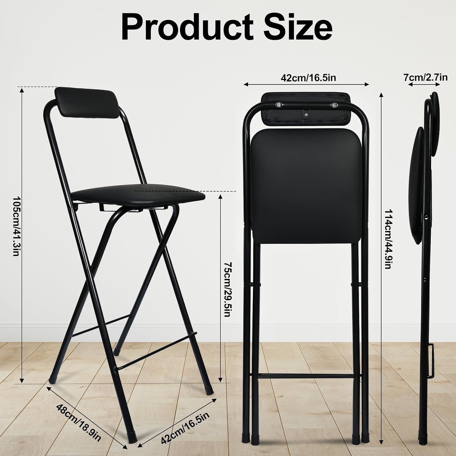 25.4inch +29 inch 2PCS Folding Stool with Backrest, Tall Foldable Bar Stool Chair, Portable Counter Folding Stool Height Bar Stools Leather Padded for Kitchen Shop Cafe Guitar Music