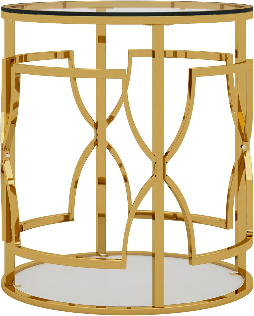 Polibi 19.7" Round Gold Metal End Table with Tempered Glass Top & 2-...