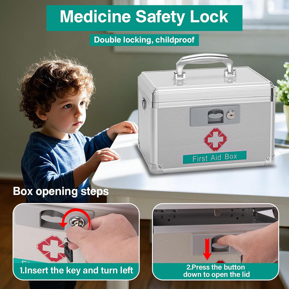 First Aid Box with Key, 11.2 x 7.6 x 7.6 Inches, Empty Lockable Medicine Stor...
