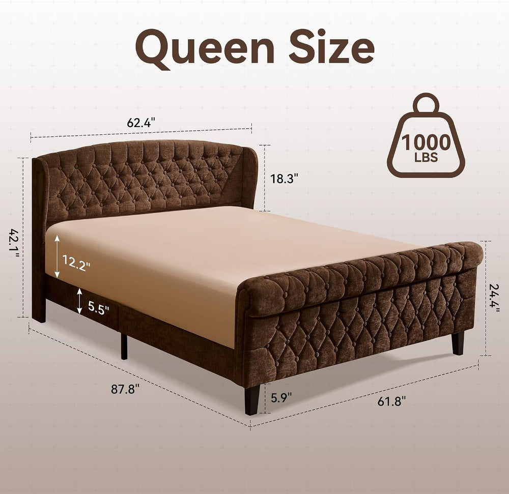 Queen Size Sleigh Bed Frame Upholstered in Chenille with High Offset/Tufted H...