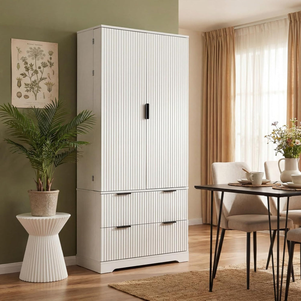 Hassyee 72" Modern Fluted Kitchen Pantry Cabinet with 2 Large Drawers &a...