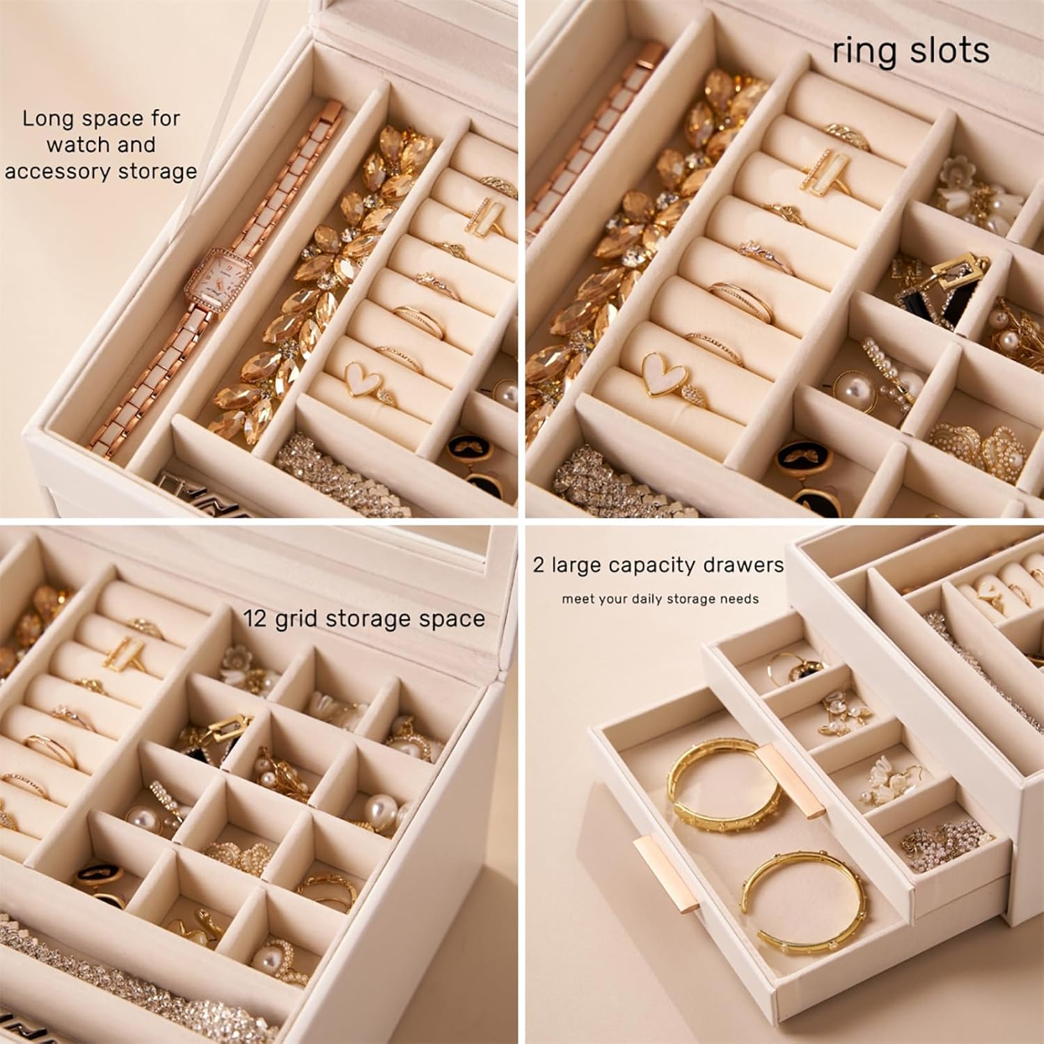 Jewelry Box Organizer with Glass Lid, 3-Layer Jewelry Storage, with 2 Drawers, Modern Style, 8 x 9.1 x 5.3 Inches (White)