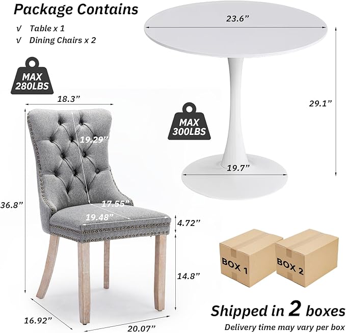 SoarFlash Kitchen Table and Chairs for 2, 24" Dining Table Set for 2 with Linen Upholstered Chairs, 3 Piece Round Kitchen Table Set, Dining Room Table Set for Small Space, Apartment