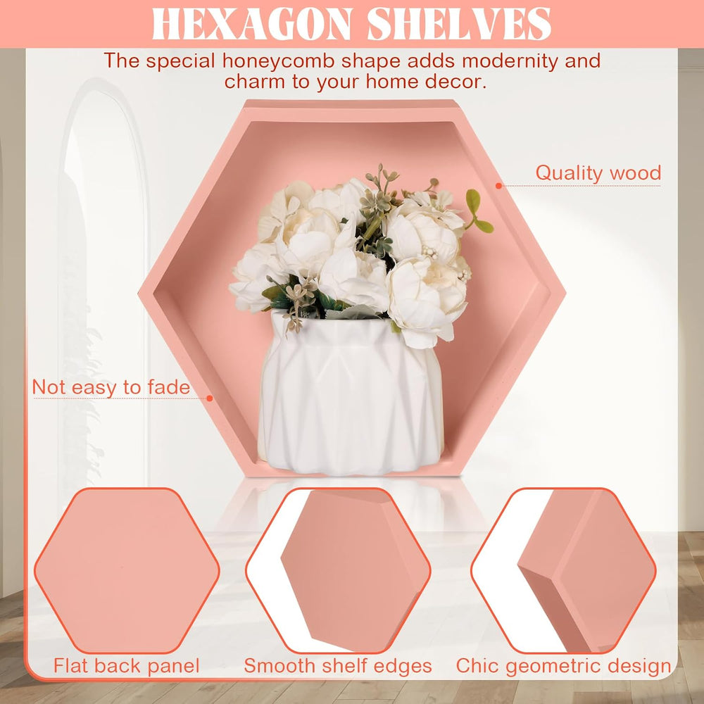 DoubleFill Honeycomb Shelves for Wall Set of 7 Wooden Hexagon Floating Shelve...