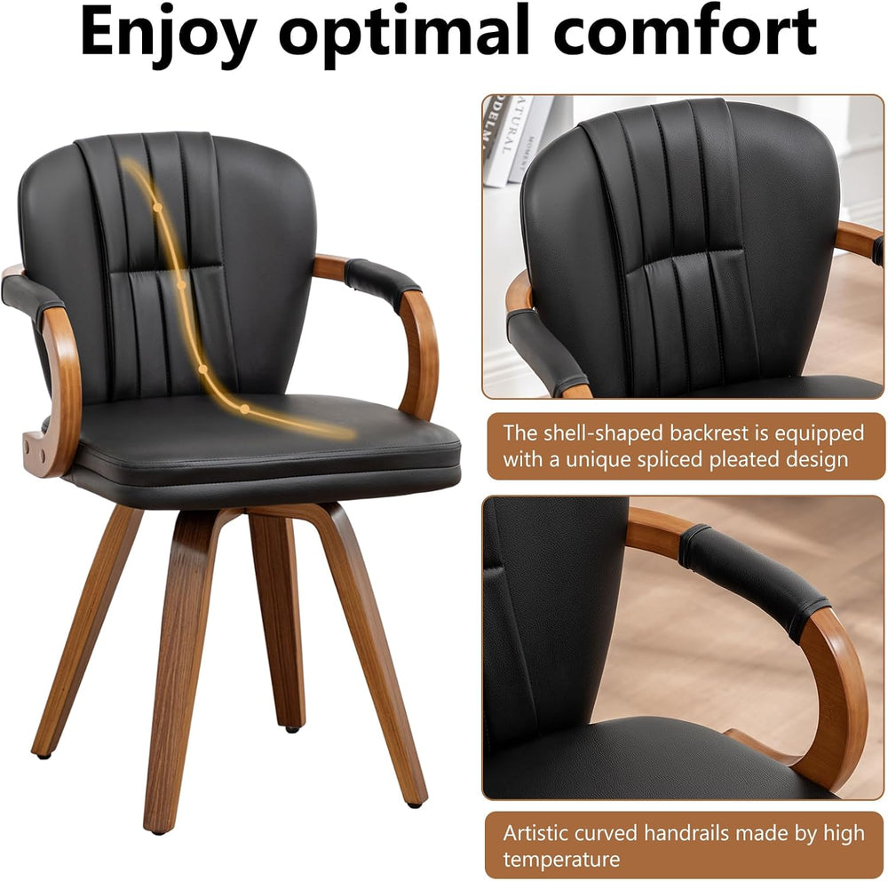 Swivel Dining Chairs Set of 2 Mid Century Modern Black Faux Leather Upholster...
