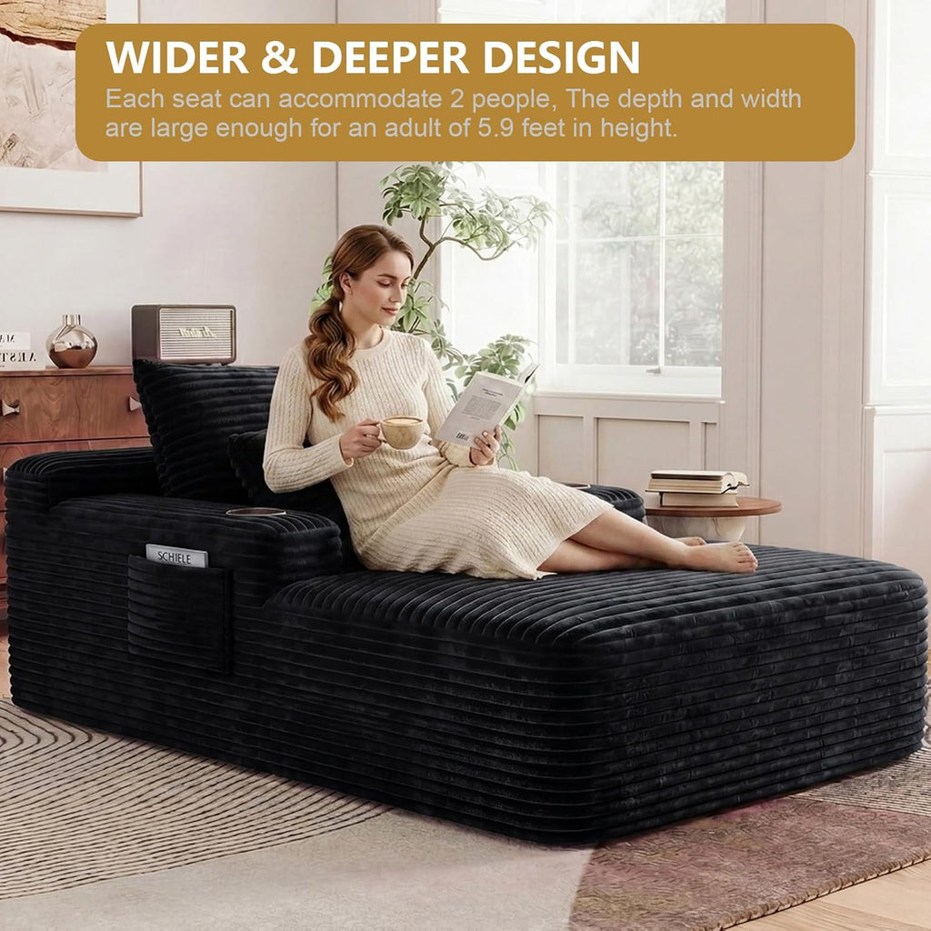 65" Oversized Chaise Lounge Chair Indoor, Boneless Chaise Lounge Chair with Cup Holders Side Pockets 3 Pillows, Cloud Corduroy Chaise Sofa Bed Sleeper Couches for Living Room No Assembly Require,Black
