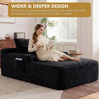 65" Oversized Chaise Lounge Chair Indoor, Boneless Chaise Lounge Chair with Cup Holders Side Pockets 3 Pillows, Cloud Corduroy Chaise Sofa Bed Sleeper Couches for Living Room No Assembly Require,Black