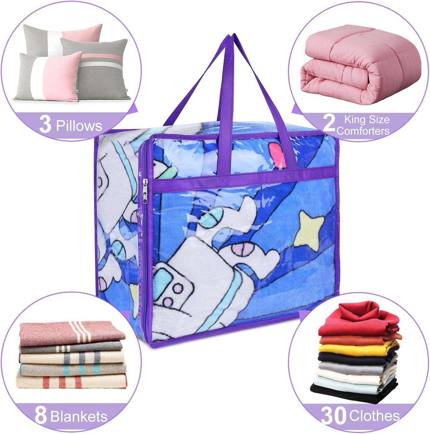 4 Pack Clear Zippered Storage Bags for Clothes, Closet Organizers and Storage Vinyl Bag for Bedding, Linen, Blankets, Comforters, Clothes & Toys Multi Purpose & Space Saver PVC Organizers