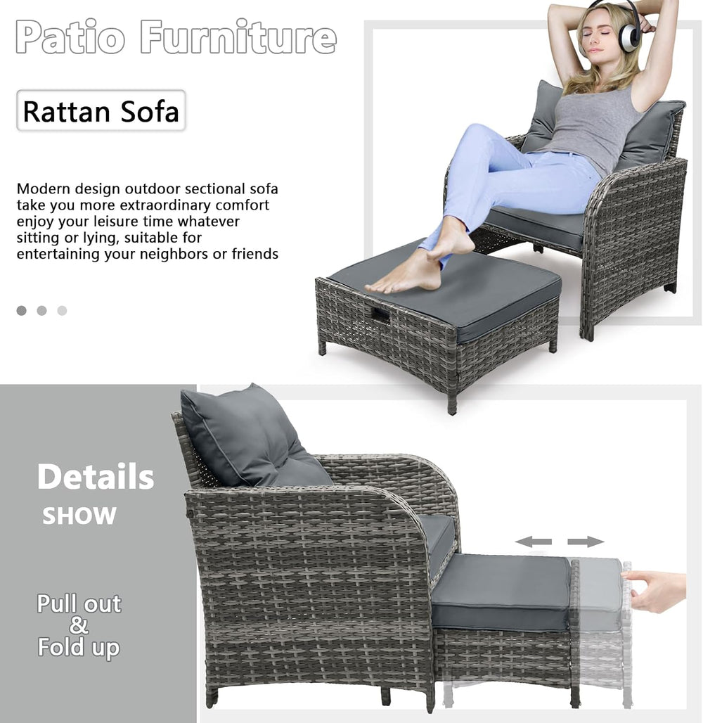 Patio Chair with Ottomans and Table, 5 Piece PE Wicker Rattan Outdoor Patio F...