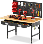 60" Workbench for Garage with Drawers Rubberwood Tabletop Work Table with Pegboard, Power Outlets Adjustable Height Work Bench for Office, Woodworking Shop, Home