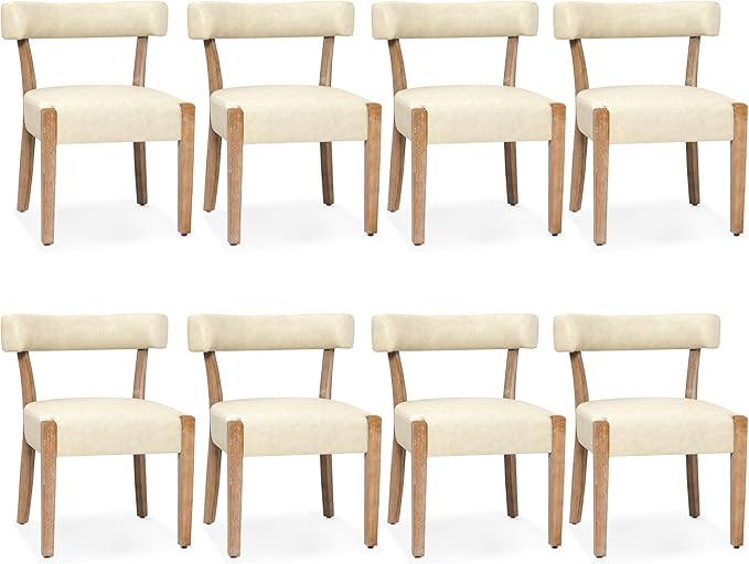 Modern Dining Chairs Set of 8, Faux Leather Upholstered Kitchen & Dining Room Chairs, Mid Century Modern Wooden Dining Chairs Oversized Sturdy Rounded Chairs Curved Back, Beige