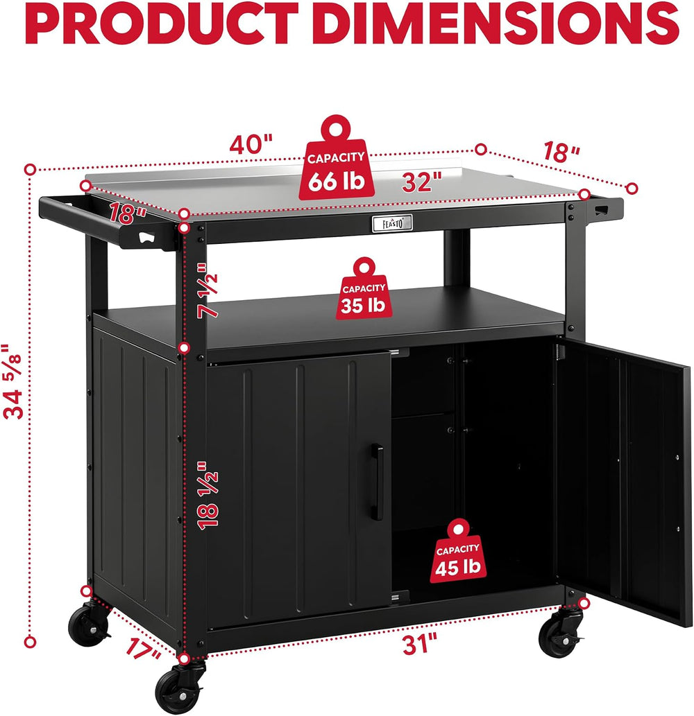 Feasto Outdoor Grill Cart w/Storage Cabinet, Stainless Steel Top, Black