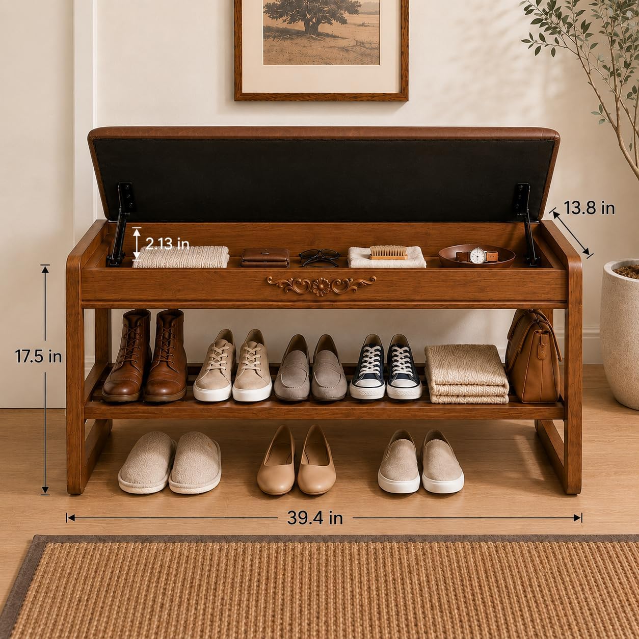 Shoe Storage Bench Shoe Rack Bench with Storage 2 Tier Wooden Shoe Rack | Solid wood shoe bench flip-top storage cushioned seat weight capacity of 550 lb side hooks walnut finish 39.4" W