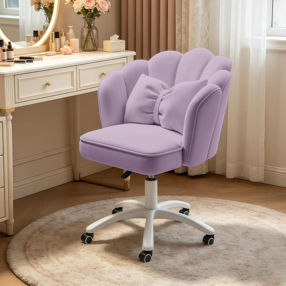 Petal Desk Chair with Bow Cushion Velvet Vanity Chair with Wheels, Upholstere...